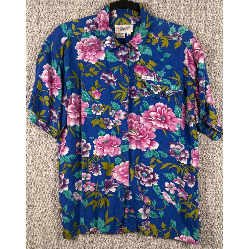 Bugle Boy Classics‎ Vintage 90s Floral Rayon Shirt M Blue Pink Tropical Hawaiian